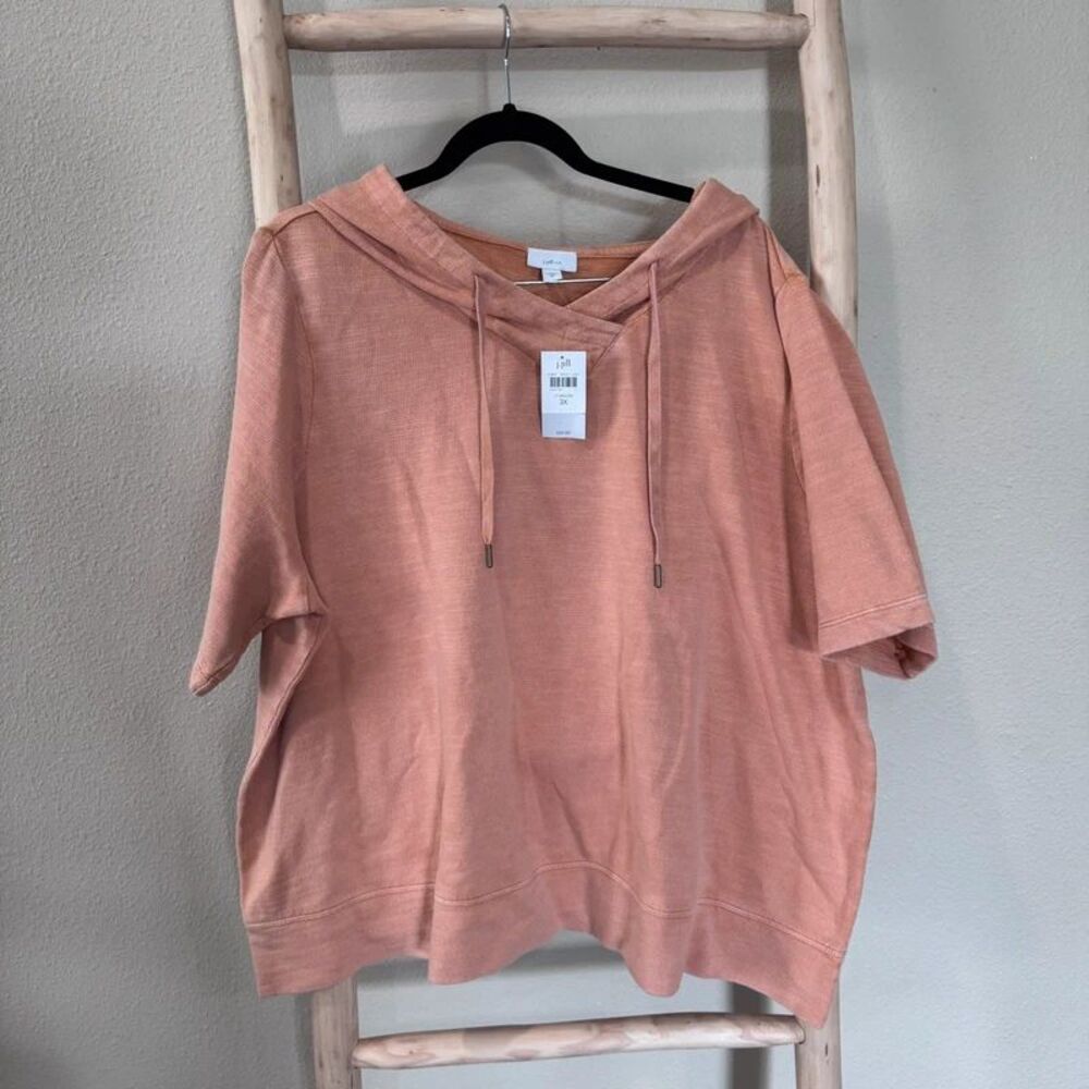 NWT J.Jill Fit Elevate French Terry Short Sleeve Hoodie Pullover Lt Melon 3X